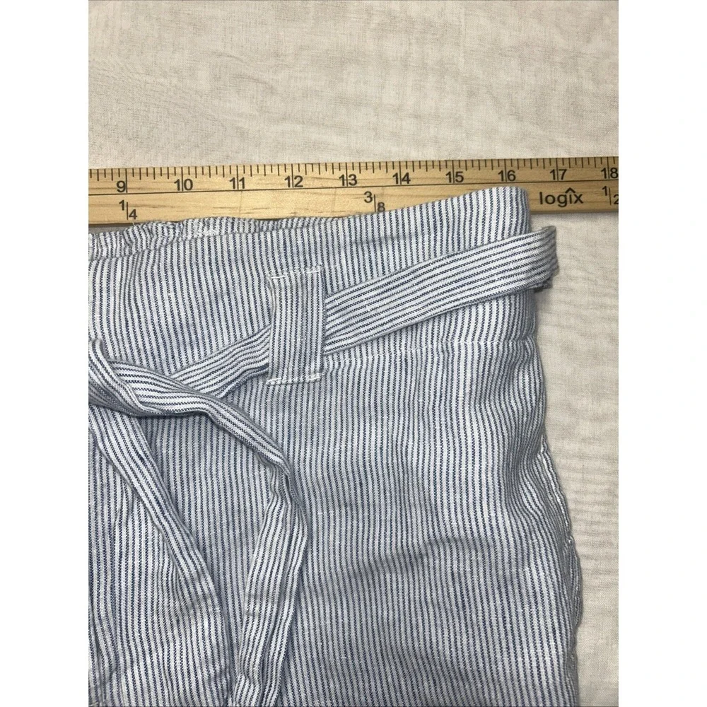 Chicos Linen Crop Belted Pants Size 1.5 US 10 Blue White Stripe Straight Leg